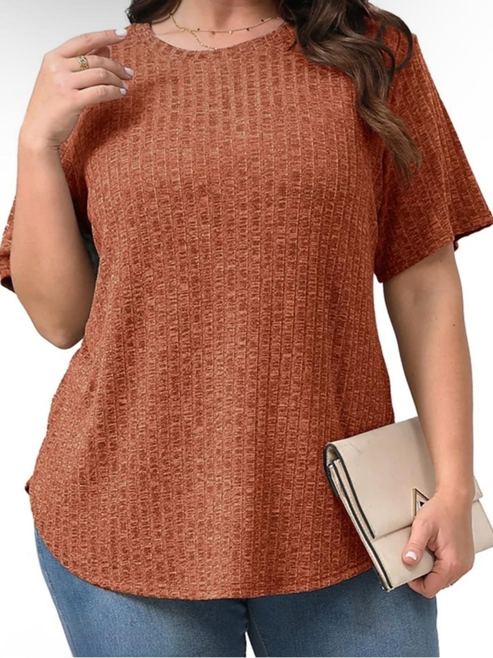 5/$15💥 Rust Ribbed Knit T-Shirt Top Simmer Casual